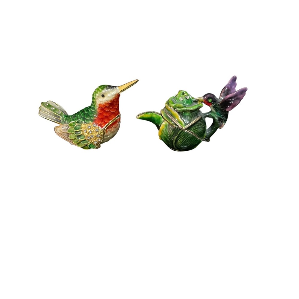 Enamel Trinket‎ Boxes Hummingbird  Teapot Bejeweled Mini Boxes Set Of 2